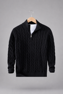 Men’s black cable knit quarter-zip jumper with premium textured knit design and ribbed collar by Thorvyn
