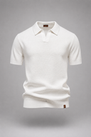 Men’s premium textured knit polo with minimalist open-collar design and refined tailored fit by Thorvyn