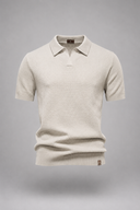 Men’s premium textured knit polo with minimalist open-collar design and refined tailored fit by Thorvyn