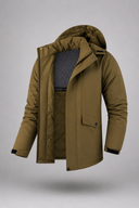 Men’s premium thermal parka jacket with insulated lining, minimalist design, and protective hood by Thorvyn