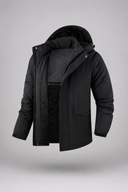 Men’s premium thermal parka jacket with insulated lining, minimalist design, and protective hood by Thorvyn