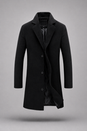 Men’s premium tailored overcoat with minimalist silhouette and refined lapel collar by Thorvyn
