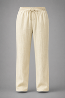 Men’s premium white linen trousers with relaxed tailored fit and adjustable drawstring waistband by Thorvyn