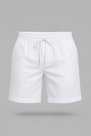 Men’s premium white linen shorts with relaxed tailored fit and adjustable drawstring waistband by Wynford