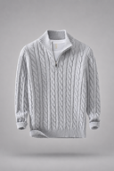 Men’s black cable knit quarter-zip jumper with premium textured knit design and ribbed collar by Thorvyn