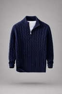 Men’s black cable knit quarter-zip jumper with premium textured knit design and ribbed collar by Thorvyn