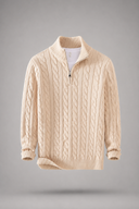 Men’s black cable knit quarter-zip jumper with premium textured knit design and ribbed collar by Thorvyn