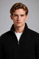 Men’s black cable knit quarter-zip jumper with premium textured knit design and ribbed collar by Thorvyn