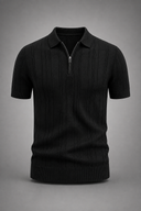 Men's ribbed knit polo featuring a structured collar, quarter-zip fastening and a tailored silhouette.