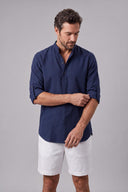 Men's grandad collar shirt featuring a half-button placket, rolled sleeves, curved hem and a clean minimalist design.