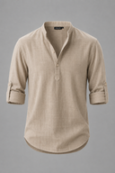 Men's grandad collar shirt featuring a half-button placket, rolled sleeves, curved hem and a clean minimalist design.
