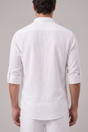 Men's grandad collar shirt featuring a half-button placket, rolled sleeves, curved hem and a clean minimalist design.