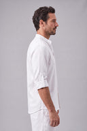 Men's grandad collar shirt featuring a half-button placket, rolled sleeves, curved hem and a clean minimalist design.