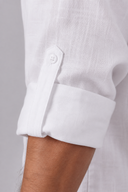 Men's grandad collar shirt featuring a half-button placket, rolled sleeves, curved hem and a clean minimalist design.