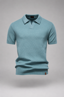 Men’s premium textured knit polo with minimalist open-collar design and refined tailored fit by Thorvyn