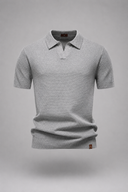 Men’s premium textured knit polo with minimalist open-collar design and refined tailored fit by Thorvyn
