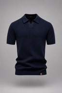 Men’s premium textured knit polo with minimalist open-collar design and refined tailored fit by Thorvyn