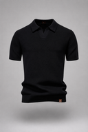 Men’s premium textured knit polo with minimalist open-collar design and refined tailored fit by Thorvyn