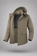 Men’s premium thermal parka jacket with insulated lining, minimalist design, and protective hood by Thorvyn