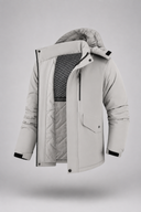 Men’s premium thermal parka jacket with insulated lining, minimalist design, and protective hood by Thorvyn