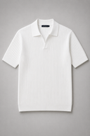 Men’s premium black ribbed knit polo shirt styled with tailored trousers and brown leather loafers by Thorvyn
