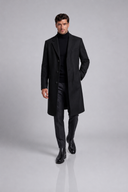 Men’s premium tailored overcoat with minimalist silhouette and refined lapel collar by Thorvyn