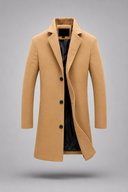 Men’s premium tailored overcoat with minimalist silhouette and refined lapel collar by Thorvyn