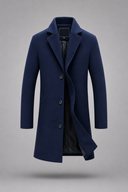 Men’s premium tailored overcoat with minimalist silhouette and refined lapel collar by Thorvyn