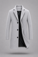 Men’s premium tailored overcoat with minimalist silhouette and refined lapel collar by Thorvyn