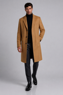 Men’s premium tailored overcoat with minimalist silhouette and refined lapel collar by Thorvyn