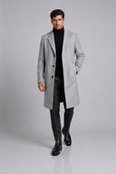 Men’s premium tailored overcoat with minimalist silhouette and refined lapel collar by Thorvyn