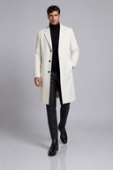 Men’s premium tailored overcoat with minimalist silhouette and refined lapel collar by Thorvyn