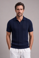 Men's textured knit polo featuring an open collar, vertical textured knit panels and ribbed trims.