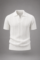 Men's textured knit polo featuring an open collar, vertical textured knit panels and ribbed trims.