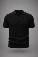 Men's textured knit polo featuring an open collar, vertical textured knit panels and ribbed trims.