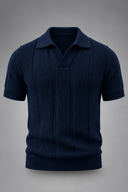 Men's textured knit polo featuring an open collar, vertical textured knit panels and ribbed trims.