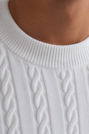 Men's matching cable knit set featuring a crew neck short-sleeve knit top with coordinating tailored knit shorts.