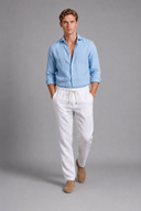 Men’s premium white linen trousers with relaxed tailored fit and adjustable drawstring waistband by Thorvyn 