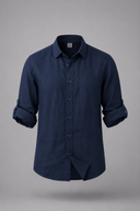 Men’s premium white linen shirt with rolled sleeves and minimalist tailored design by Thorvyn 