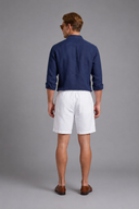Men’s premium white linen shorts with relaxed tailored fit and adjustable drawstring waistband by Thorvyn 