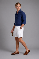 Men’s premium white linen shorts with relaxed tailored fit and adjustable drawstring waistband by Thorvyn 