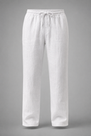 Men’s premium white linen trousers with relaxed tailored fit and adjustable drawstring waistband by Wynford